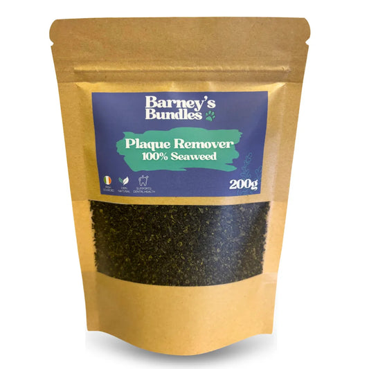 Plaque Remover – 100% natural seaweed supplement for dogs and cats, 200g. Supports dental health and fresh breath, helps reduce plaque and tartar. White background