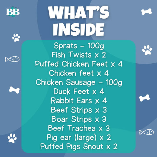 Mega Mix Bundle - Healthy 100% natural dog treat bundle open box showing Sprats, Fish Twists, Puffed Chicken Feet, Chicken feet, Chicken Sausage, Duck Feet, Rabbit Ears, Beef Strips, Boar Strips, Beef Trachea, Pig ear (large),Puffed Pigs Snout. Air dried, grain free