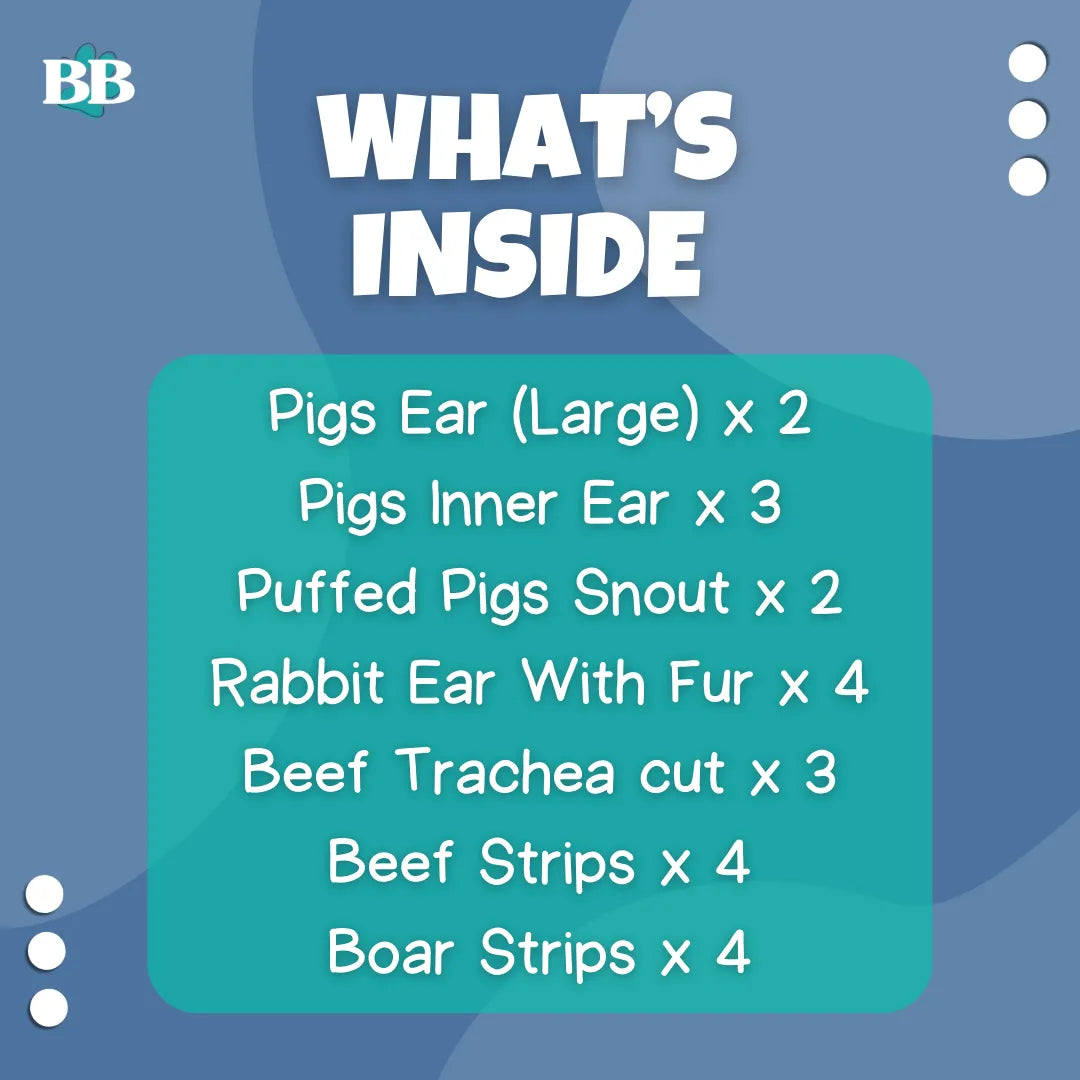 Mighty meaty Bundle - Healthy 100% natural dog treat bundle open box showing Pigs Ear (Large), Pigs Inner Ear, Puffed Pigs Snout, Rabbit Ear With Fur, Beef Trachea cut, Beef Strips, Boar Strips. Air dried, grain free