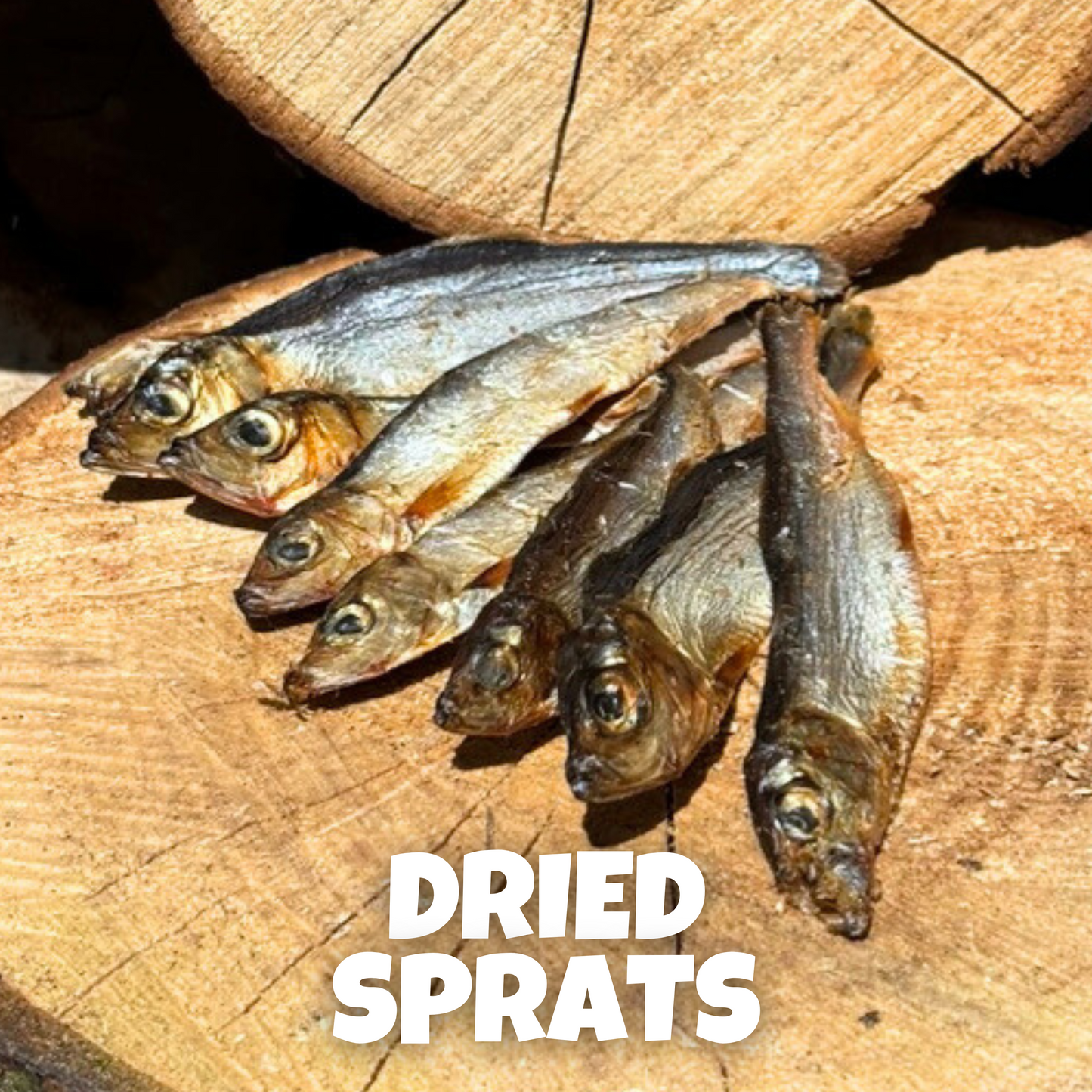 Natural dog treats – air-dried Baltic sprats laid on rustic wooden logs, omega-rich fish chews that support healthy skin, coat, joints, and overall well-being. Hypoallergenic and perfect for dogs of all sizes.