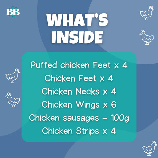 Cluckin' good Chicken bundle - Healthy 100% natural dog treat bundle open box showing Puffed white chicken Feet, Chicken Feet, Chicken Necks, Chicken Wings, Chicken sausages, Chicken Strips. 100% chicken, air-dried and grain free