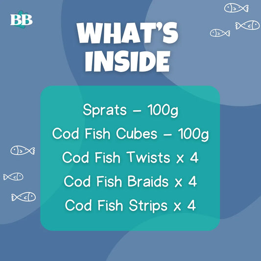 From the sea bundle - Healthy 100% natural dog treat bundle open box showing Sprats, Cod Fish Cubes, Cod Fish Twists, Cod Fish Braids, Cod Fish Strips. 100% fish,
air-dried, omega-3 & 6, grain free