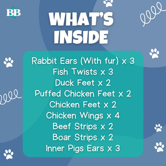 The Mixed Bundle - Healthy 100% natural dog treat bundle open box showing Rabbit Ears (With fur),Fish Twists, Duck Feet, Puffed Chicken Feet, Chicken Feet, Chicken Wings, Beef Strips, Boar Strips, Inner Pigs Ears. Air dried, grain free