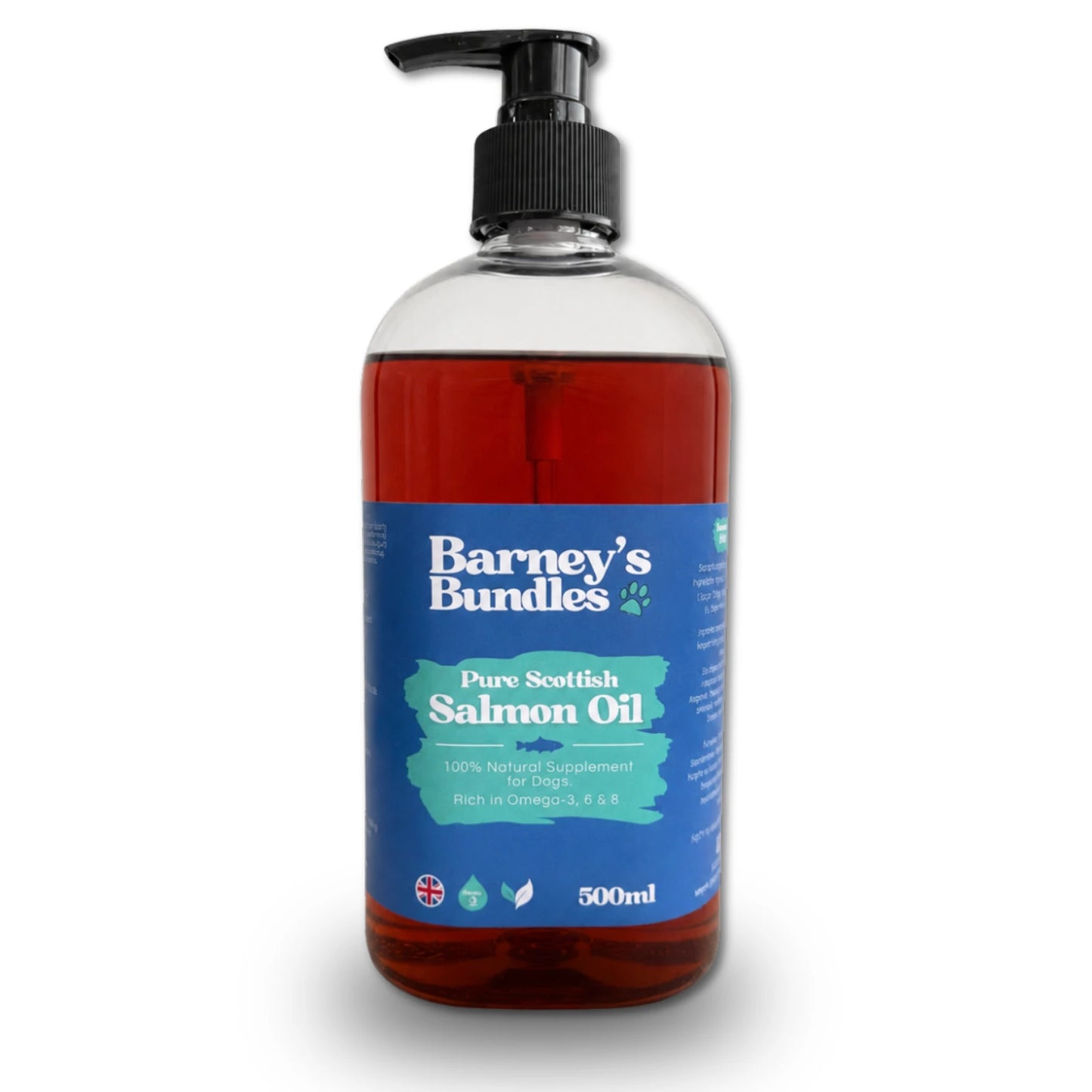 Barney's Bundles Pure Scottish Salmon Oil for Dogs, 500ml bottle with pump dispenser, premium Scottish fish oil supplement for skin, coat and joint support. Supplement for dogs