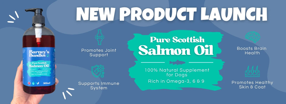 Barney's Bundles salmon oil supplement with promotional text on a blue background. New product launch 100% natural supplement for dogs, supports joints, immune system, brain health and healthy skin and coat. Natural Dog Treats. Barneys Bundles, Barney's Bundles. Local Norwich Delivery options available. 