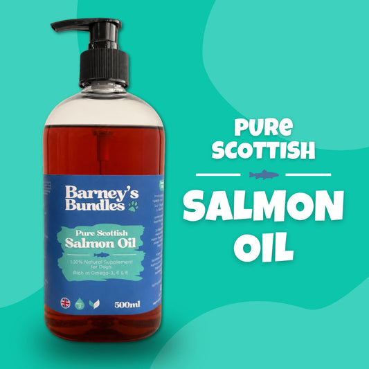 Barney's Bundles Pure Scottish Salmon Oil for Dogs 500ml pump bottle, natural Scottish fish oil supplement with Omega-3, 6 & 9 for skin, coat and joint support. 