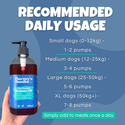 Barney's Bundles Pure Scottish Salmon Oil daily feeding guide showing a 500ml pump bottle with recommended pumps per day for small, medium, large and extra-large dogs. Supplement for dogs