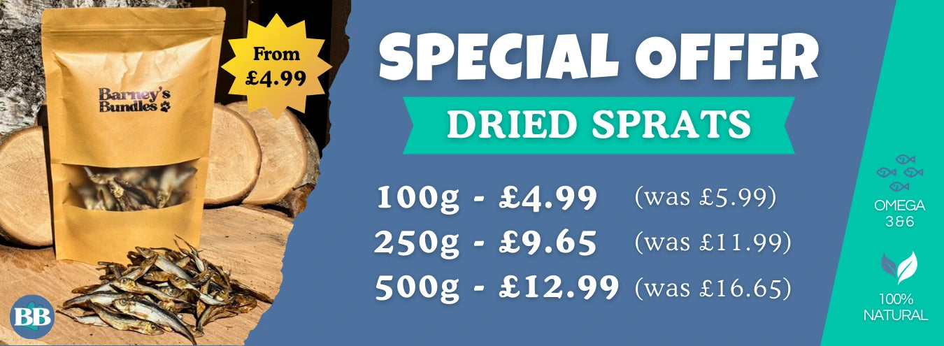 Norwich natural dog treats Baltic sprats product banner with sprats displayed in front of branded packet. Baltic Sprats, Natural Dog Treats, Single-Source Proteins, Barney's Bundles, Barneys Bundles. NR1-NR8 & NR10 Free Local Delivery options available. Delivered UK-Wide. 