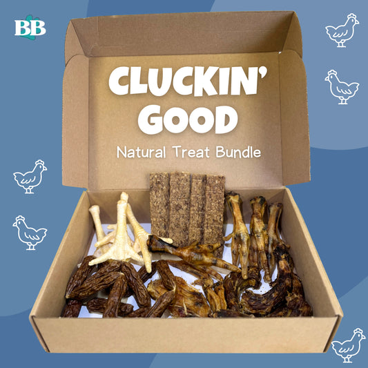 Cluckin' good Chicken bundle - Healthy 100% natural dog treat bundle open box showing Puffed white chicken Feet, Chicken Feet, Chicken Necks, Chicken Wings, Chicken sausages, Chicken Strips. 100% chicken, air-dried and grain free