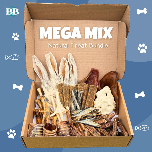 Mega Mix Bundle - Healthy 100% natural dog treat bundle open box showing Sprats, Fish Twists, Puffed Chicken Feet, Chicken feet, Chicken Sausage, Duck Feet, Rabbit Ears, Beef Strips, Boar Strips, Beef Trachea, Pig ear (large),Puffed Pigs Snout. Air dried, grain free
